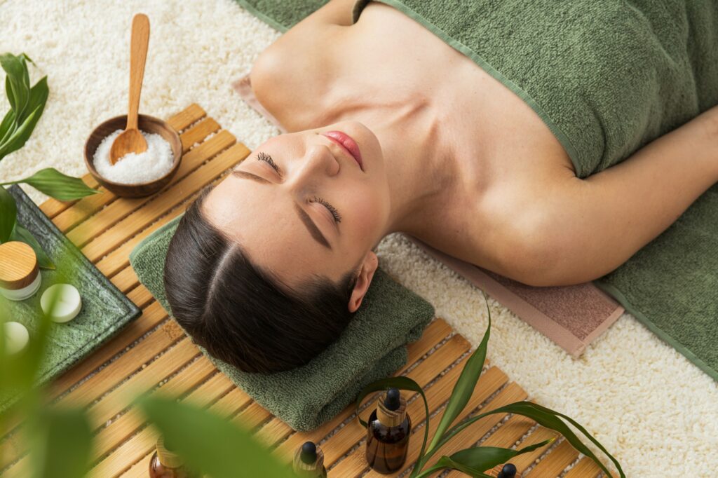 Concept of spa, relax and self care with beautiful young woman