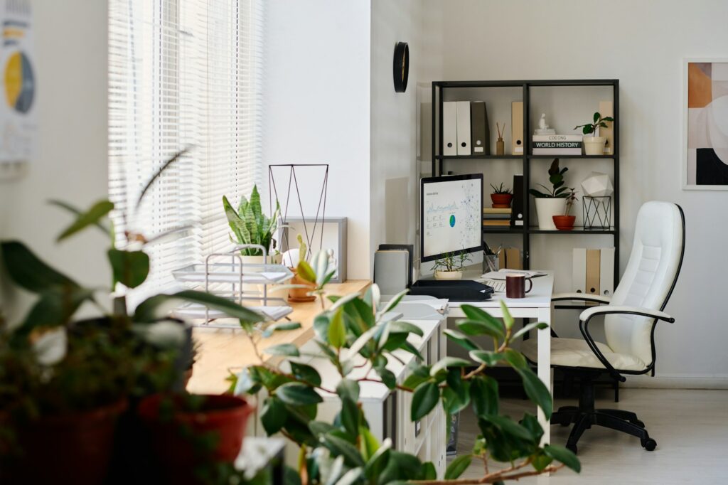 Indoor Home Office Setup with Modern Furniture and Plants