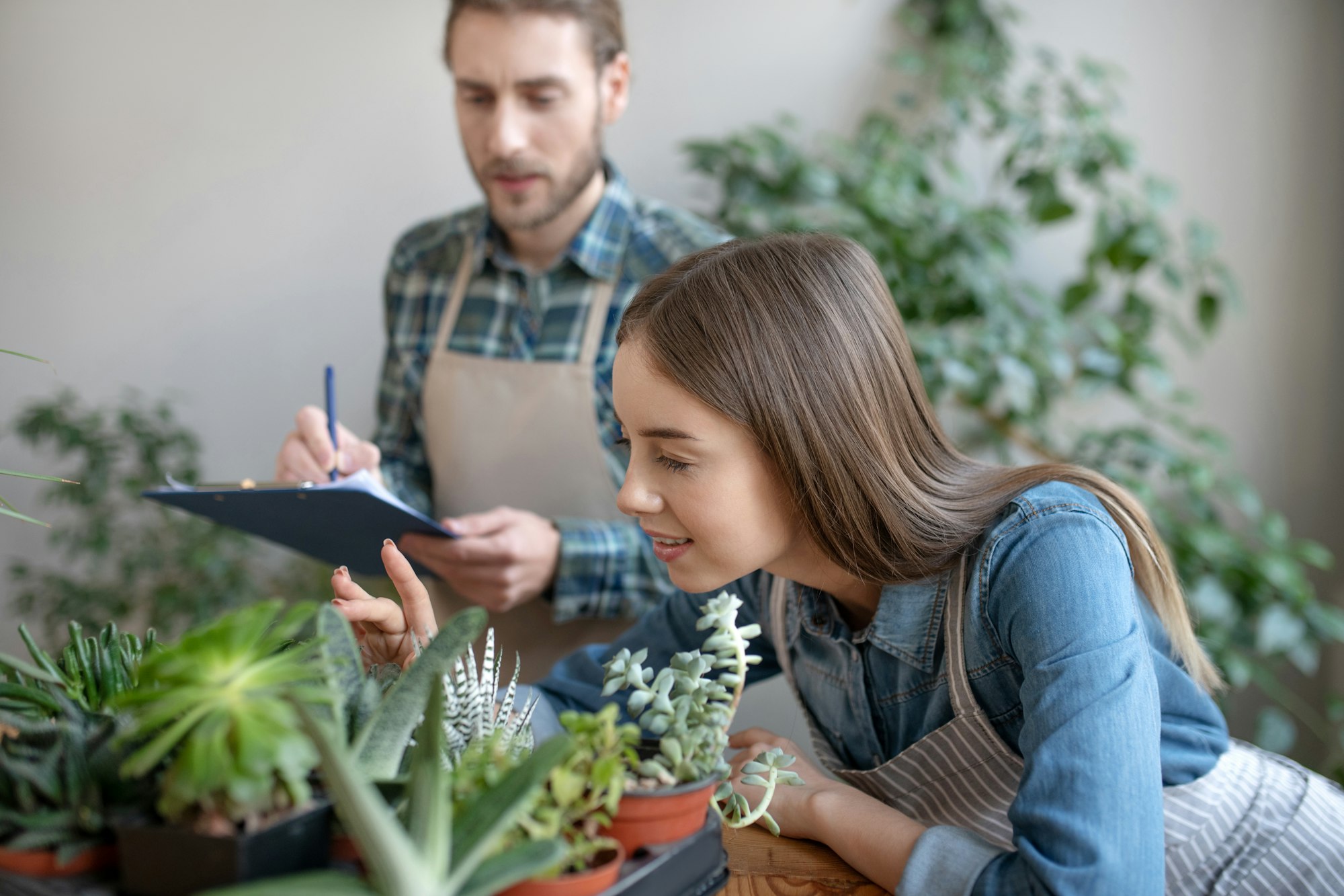 Woman and a man checking the health of plants