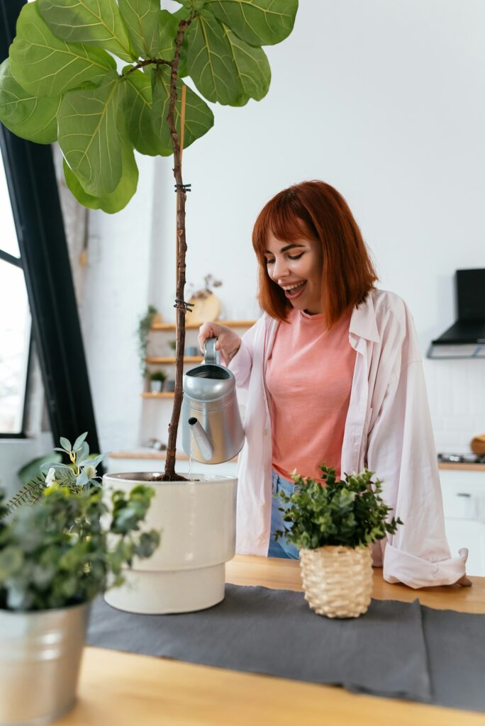 Young woman pouring water in flower pot with indoor houseplant from watering can.